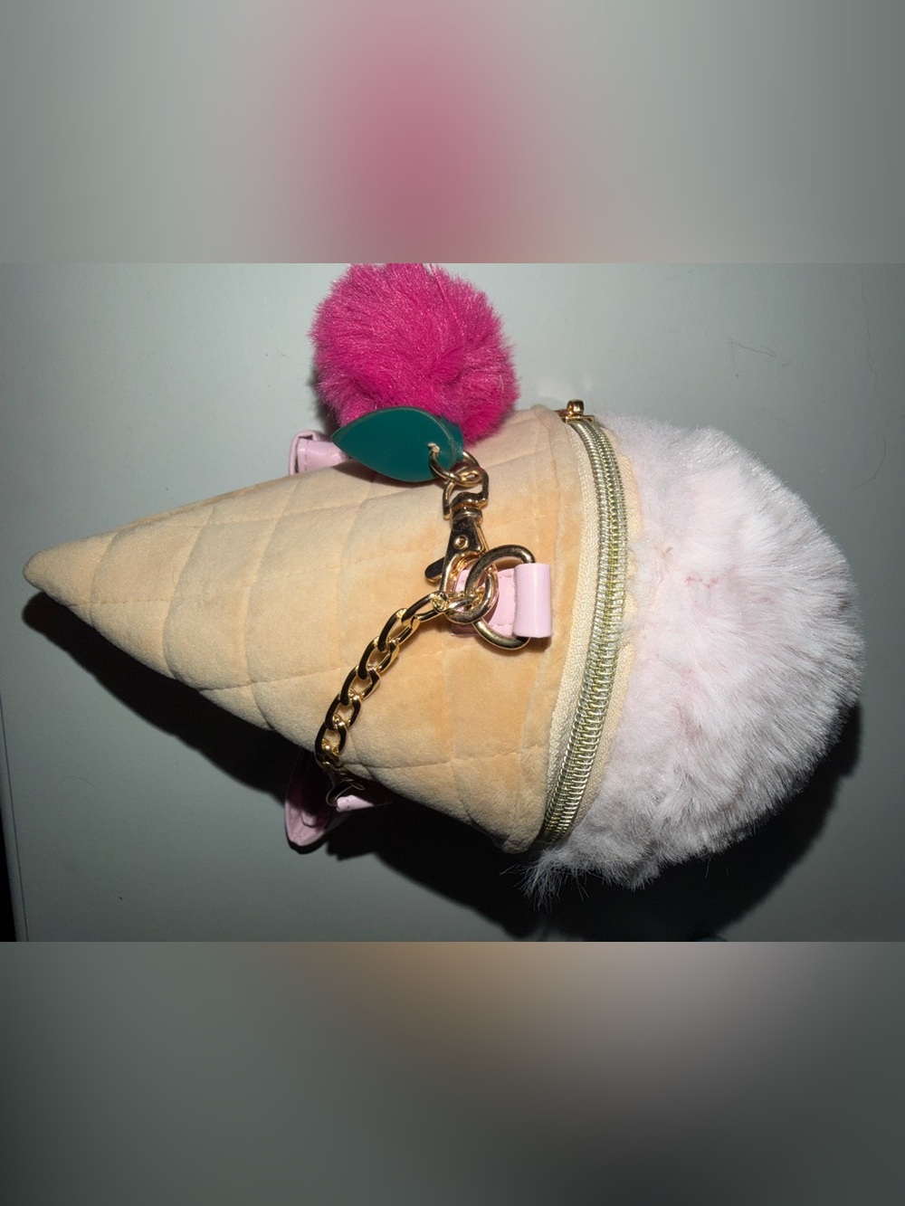 Claire’s Ice Cream Cone Novelty Crossbody Purse Pink Faux Fur Pom Pom